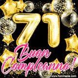 Animazione con palloncini dorati a forma del numero 71, circondati da decorazioni scintillanti e la scritta 'Buon Compleanno!' in caratteri rosa accattivanti.