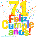 GIF festivo lleno de confeti de colores, el número 71 grande en amarillo y la frase 'Feliz cumpleaños' en letras multicolores y brillantes.