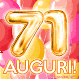 Bouquet animato di palloncini multicolori che emergono da una scatola regalo, con il numero 71 e la scritta 'Tanti Auguri!' su uno sfondo pieno di coriandoli.