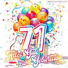Ein lebendiges Geburtstags-GIF mit bunten Ballons, animiertem Konfetti, der Zahl 71 und den Worten 'Alles Gute zum Geburtstag' in dekorativer Schriftart.