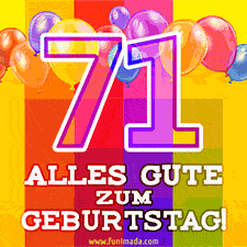 Große Zahl 35 in Umrissschrift, die Worte 'Alles Gute zum 71. Geburtstag', mehrfarbige animierte Ballons und lebendiger Hintergrund.