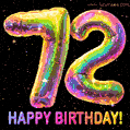 Shiny number 72 birthday celebration balloons with an iridescent glow, animated GIF