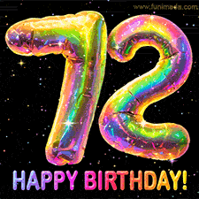 Shiny number 72 birthday celebration balloons with an iridescent glow and glitter on a black background with twinkling stars.