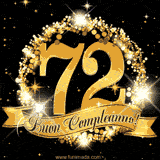 Il numero 72 è circondato da un anello dorato brillante, accompagnato da un nastro elegante con la scritta 'Buon Compleanno!' su uno sfondo scuro.