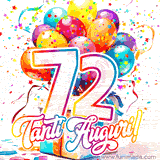 Animazione con palloncini colorati e scintillanti, accompagnata dal numero 72 in caratteri grandi e luminosi, e la scritta 'Tanti Auguri!' in stile vivace.