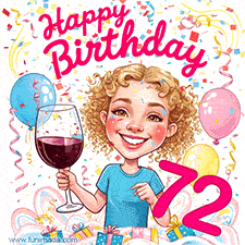 An animated birthday GIF featuring a smiling cartoon woman holding a glass of wine. Text reads 'Happy Birthday 72' surrounded by colorful balloons and confetti.