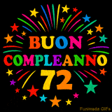 GIF animata 'Buon Compleanno 72' con lettere colorate e fuochi d'artificio