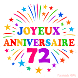 GIF animé joyeux anniversaire 72 ans avec étoiles multicolores et feu d’artifice