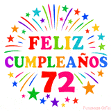 Imagen animada para felicitar los 72 años con letras de colores y diseño festivo.