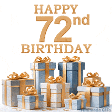 Festive animated eCard with elegant 'Happy 72nd Birthday' text above a pile of luxurious blue, white, and gold gift boxes and presents.