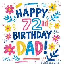 An animated GIF with the text 'Happy 72nd Birthday Dad!' in vibrant, multi-colored letters. The message is framed by simple, colorful flowers and leaves that gently sparkle.