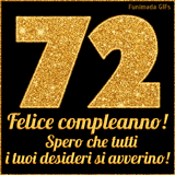Un GIF animato per un 72° compleanno, Presenta il testo 'Buon Compleanno 72' su uno sfondo giallo vivo con palloncini colorati, festoni e una pioggia di coriandoli.