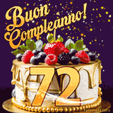 Un GIF animato di una bellissima torta per il 72° compleanno con glassa dorata e frutti di bosco freschi, Il numero dorato 72 è davanti, e stelle cadono su uno sfondo viola scuro.