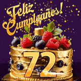 Una animación de celebración de una tarta para el 72º cumpleaños, Estrellas doradas caen del cielo, destacando el texto '¡Feliz Cumpleaños!' y el número dorado 72 en la tarta.