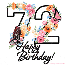 A floral 72nd birthday animated greeting card. The number '72' is surrounded by animated flowers and butterflies, creating a beautiful and cheerful way to celebrate the milestone.