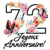 Ce GIF de Joyeux 72ème Anniversaire présente le nombre vingt rempli d'un bouquet vibrant de fleurs animées, avec des papillons qui bougent doucement sur un fond blanc.
