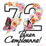 Questo GIF di Buon 72° Compleanno mostra il numero venti riempito con un vibrante bouquet di fiori animati, con farfalle che si muovono dolcemente su uno sfondo bianco.
