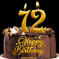 72 Birthday Chocolate Cake with Gold Glitter Number 72 Candles (GIF)