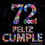 Sobre un lienzo negro con estrellitas destellantes, figuran el número 72 y el texto FELIZ CUMPLE creados con brillantes diamantes de colores.
