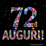 Immagine animata che mostra il numero 72 e Auguri in cristalli multicolori brillanti, circondati da piccole luci su uno sfondo scuro.