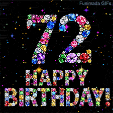 The digit 72 and Happy Birthday lettering created from bright multi-colored crystals, surrounded by tiny twinkling colored stars on a solid dark black background.