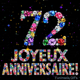 Image animée affichant le chiffre 72 et Joyeux Anniversaire en cristaux multicolores scintillants, entourés de petites lumières sur fond sombre.