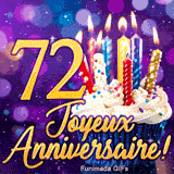 GIF Joyeux Anniversaire 72 ans illustrant le nombre 72 d'or brillant à côté d'un cupcake aux bougies étincelantes.