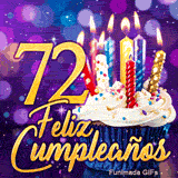 GIF de Feliz Cumpleaños 72 años ilustrando el número 72 de oro brillante junto a un cupcake con velas relucientes.