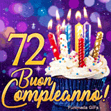 GIF di Buon Compleanno 72 anni illustrante il numero 72 d'oro brillante accanto a un cupcake con candele risplendenti.