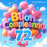 Un grappolo gioioso di palloncini che fluttuano alti nel cielo azzurro. Le lettere a palloncino morbide leggono Buon Compleanno proprio sopra il grande numero azzurro 72.