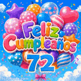 GIF de Feliz Cumpleaños 72 años ilustrando el número 72 azul brillante entre globos de colores flotando al viento.