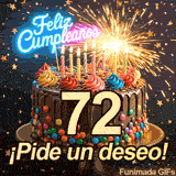 Tarta de celebración con el dígito 72, iluminada por destellos. Estrellitas doradas caen sobre la emotiva frase ¡Pide un deseo! en un entorno mágico.