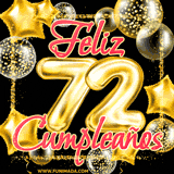 Animación de un GIF con el número 72 en dorado, rodeado de estrellas, burbujas brillantes y la frase 'Feliz cumpleaños' en letras modernas y festivas.
