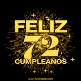GIF animado con un diseño dorado, mostrando el número 72 rodeado de fuegos artificiales y luces que resaltan una atmósfera festiva y vibrante.