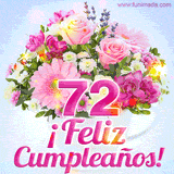 GIF de un colorido ramo de flores rosas, lilas y blancas, con el número 72 destacado en rosa y el mensaje '¡Feliz cumpleaños!' en un estilo encantador.