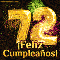 ¡Muy felices 72 años! GIF de texto dorado y fuegos artificiales.