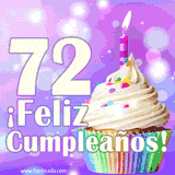 Animación de un cupcake con cobertura blanca, confites de colores, una vela encendida y el número 72 en grande sobre un fondo púrpura con luces brillantes.