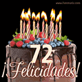 Feliz 72 cumpleaños pastel de chocolate. Imagen (GIF) con pastel y saludo.
