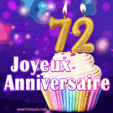 GIF animé joyeux anniversaire pour 72 ans avec un cupcake coloré, des bougies dorées en forme de 72 et un fond violet scintillant.