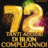 Palloncini dorati a forma del numero 72, accompagnati da scintille e fuochi d'artificio su sfondo nero, con il messaggio 'Tanti auguri di Buon Compleanno!'.