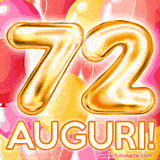 Bouquet animato di palloncini multicolori che emergono da una scatola regalo, con il numero 72 e la scritta 'Tanti Auguri!' su uno sfondo pieno di coriandoli.