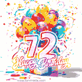 Animated star-shaped confetti, multicolor balloons, and a gift box in a joyful 72nd birthday GIF