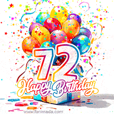 A festive birthday age GIF with animated star confetti, colorful balloons, and a gift box with the number 72. The text reads 'Happy Birthday'.