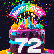 Chocolate cake with cyan layers, pink dressing and a big number 72 adorned with vibrant multicolored frosting, lit candles, and a rainbow topper with text that says 'Happy Birthday'. Animated colorful confetti move behind the cake.