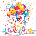 Des confettis animés, des ballons multicolores et un coffret cadeau dans un joyeux GIF de 72e anniversaire