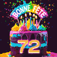 Gâteau au chocolat avec le numéro 72 orné d'un glaçage vibrant, de bougies et d'une décoration arc-en-ciel