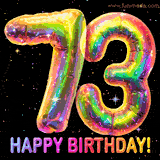 Shiny number 73 birthday celebration balloons with an iridescent glow and glitter on a black background with twinkling stars.