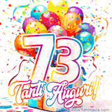 Animazione con palloncini colorati e scintillanti, accompagnata dal numero 73 in caratteri grandi e luminosi, e la scritta 'Tanti Auguri!' in stile vivace.