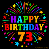 A birthday cake with lit candles is shown with colorful balloons and animated confetti.