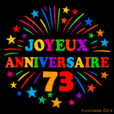GIF animé 'Joyeux Anniversaire 73' avec des lettres colorées et des feux d'artifice éclatants
